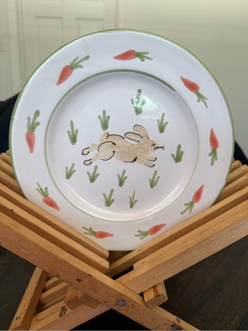 Hand-Painted White Bunny & Carrot Ceramic Platter & 2 salad plates